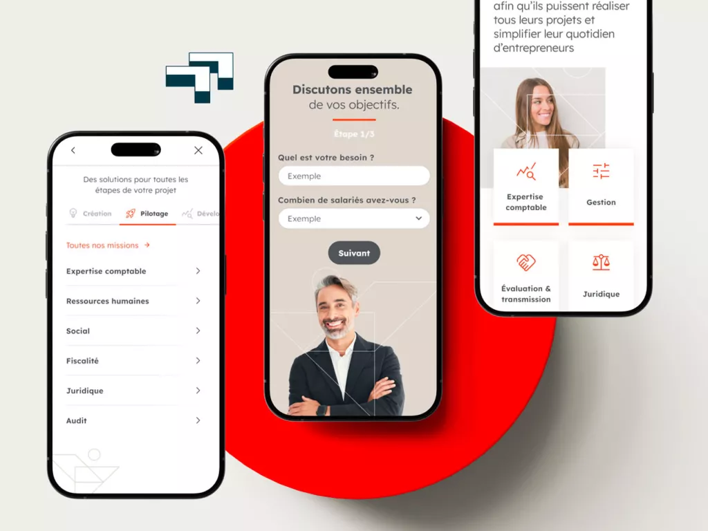 Travail optimisé de l'ergonomie du site internet avec des ateliers UX, pour avoir ces modèles de pages version mobile, optimisées pour une navigation fluide.